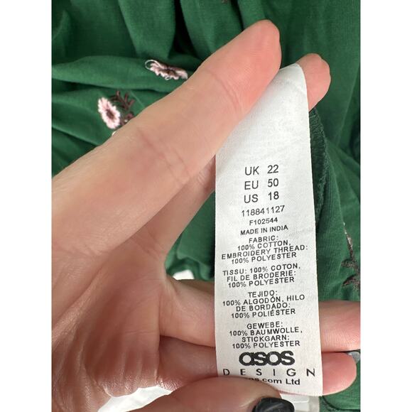 Asos Curve Dress Womens 18 Green Mini Tiered Floral Long Sleeve Embroidered Boho - Picture 4 of 7